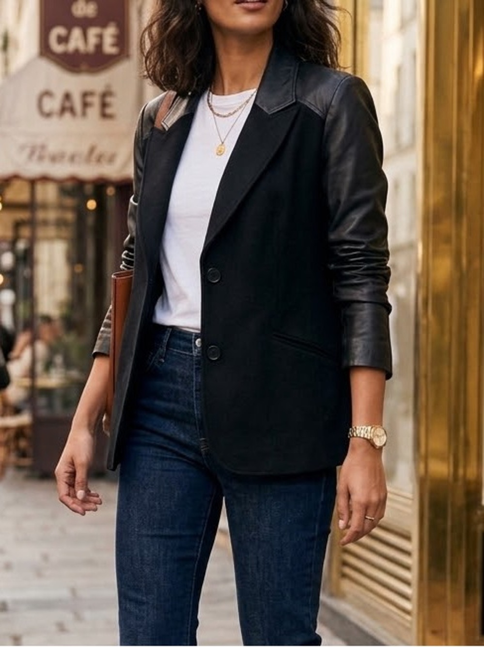 Danier Wool/Cashmere Leather-Sleeve Blazer